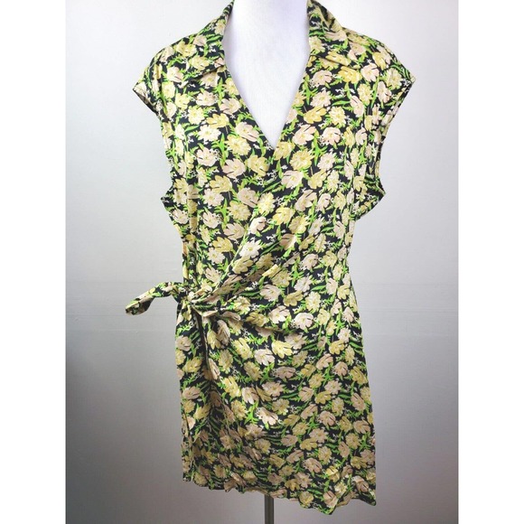 Urban Outfitters LARGE Floral Wrap Mini Dress YELLOW Tie Waist - Picture 12 of 12